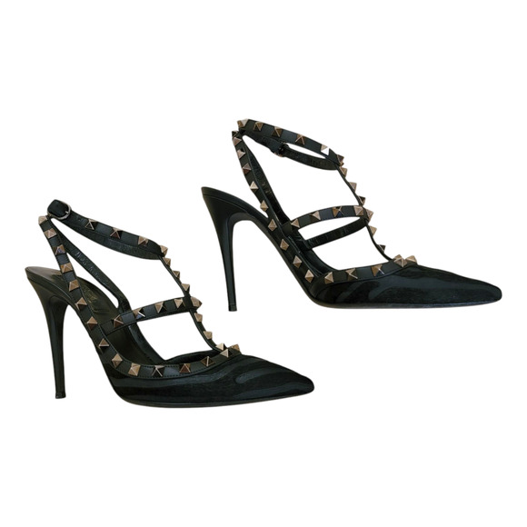 Valentino Rockstud Black Leather Zebra Calf Hair Ankle Strap Pumps Heels 39 9 - Picture 4 of 12